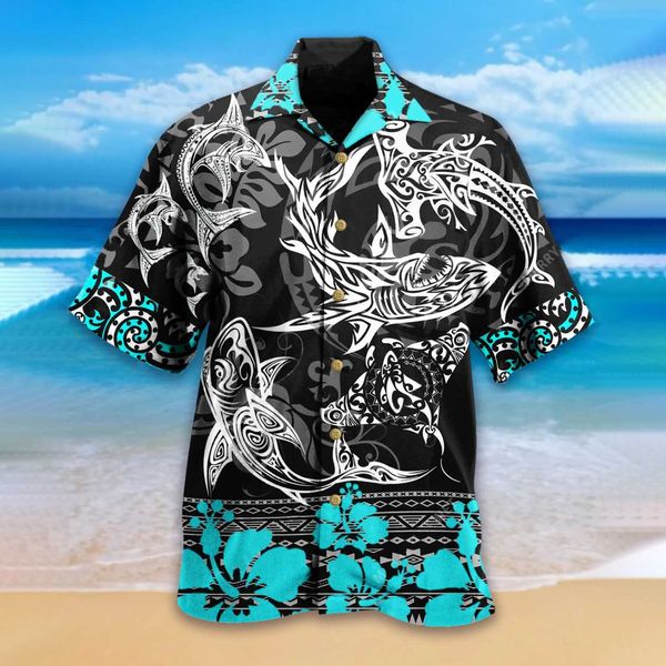 Camicie casual da uomo Nuove camicie da uomo hawaiane Cool Shark Totem Stampato Top Taglia USA Colletto cubano Camicia da sbornia stile spiaggia per le vacanze estive Z0224