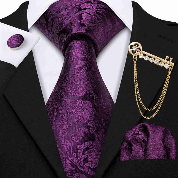 Cravatte New Fashion Paisley Cravatta da uomo Viola Floreale a righe Jacquard Cravatta di seta Cravatta Fazzoletto Gemelli Spilla Set Festa di nozze J230227