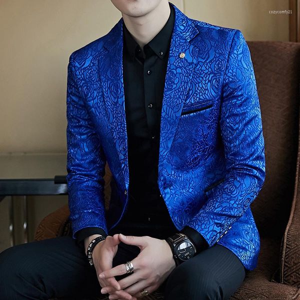 Мужские костюмы роза jaquard print Slim Fit Blazer Royal Blue Black Promo для мужчин Стильное деловое.