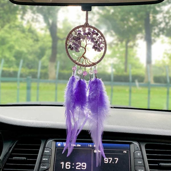 Decorazioni interne Acchiappasogni fatto a mano Ciondolo intrecciato in pietra viola appeso con piume Decorazione per auto da parete Ornamento Acchiappasogni R230228