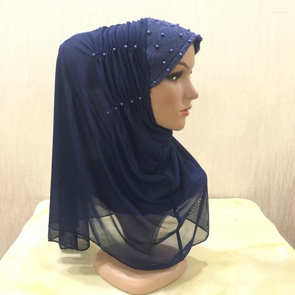 Abbigliamento etnico H1333 Ultimi due strati Tessuto a rete Hijab musulmano con perline Sciarpa islamica Amira Arabo Copricapo