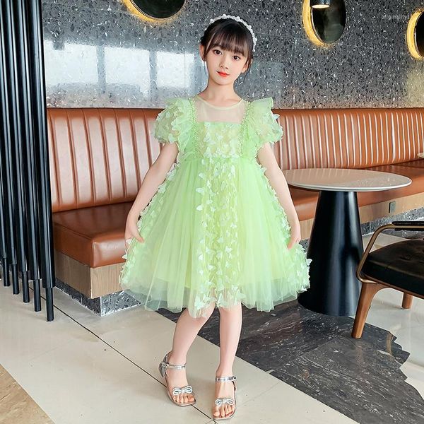 Kız Elbiseler 2023 Yaz Kızının Elbise Kelebek Tül Serin Çocuklar Uzun Etek Yuvarlak Boyun Bebek Prenses Tatil Gevşek