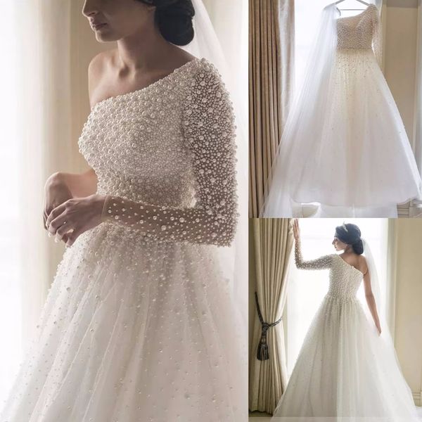 Princess A-line Vestios de noiva de um ombro de manga longa Poas de pérolas Trein Tulle Lace Boho vestidos de casamento plus size