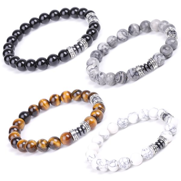 Bracciale con perline di ematite e howlite in pietra naturale lava di pietra naturale da 8 mm per gioielli da donna, uomo, energia Buddha Yoga