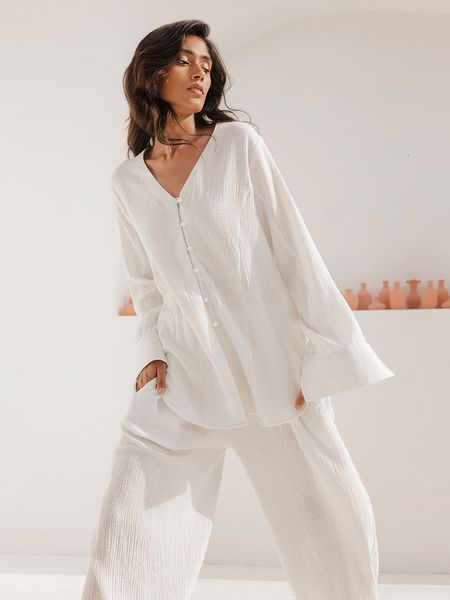 Женская одежда для сна Хилок белый хлопок ночной одежды с длинным рукавом женские женские брюки с высокой талией устанавливают одноразовый домашний костюм Vneck Spring Женский костюм 230228