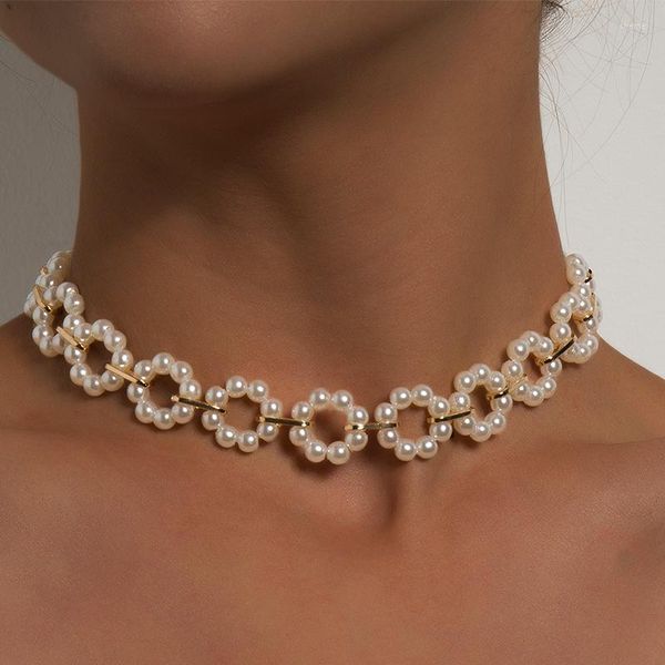 Choker Elegante Weiße Imitation Perle Blume Neckalce Für Frauen Vintage Schlüsselbein Perlen Kranz Kette Kragen Halsketten Schmuck Mädchen