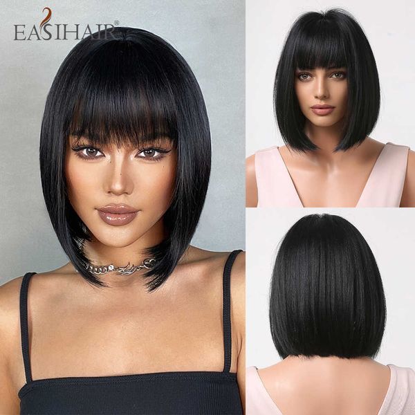 Perucas Sintéticas Easihair Curto Preto Perucas Sintéticas com Franja Straight Bob para Mulheres Lolita Cosplay Party Cabelo Natural Resistente ao Calor 230227