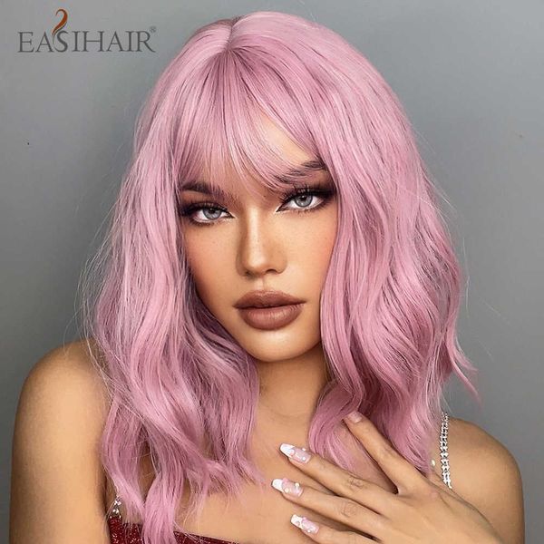 Perucas sintéticas Easihair Wavy Pink Bob Wigs com BANGS Mulheres Sintéticas Cabelo Natural Peruca Comprimento Médio Cosplay Resistente ao Calor 230227