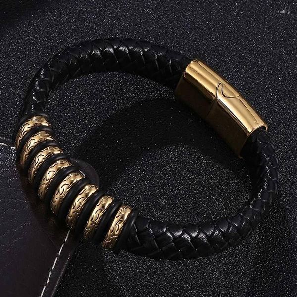 Bracelets de charme luxuoso punk preto preto pulseira de couro masculino Jóias de joalheria Combinações de acessórios dourados