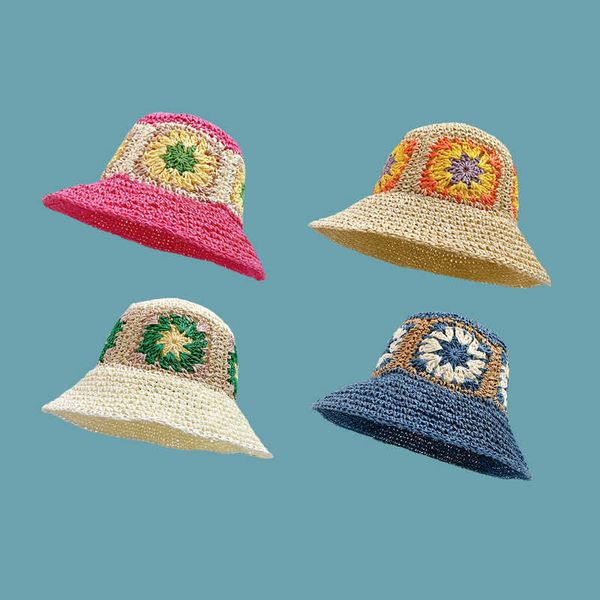 Chapéus de aba larga novos na Coréia Ins instam feitos de palha de palha, chapéu de pescador feminino de verão tom de palha respirável com largura G230227
