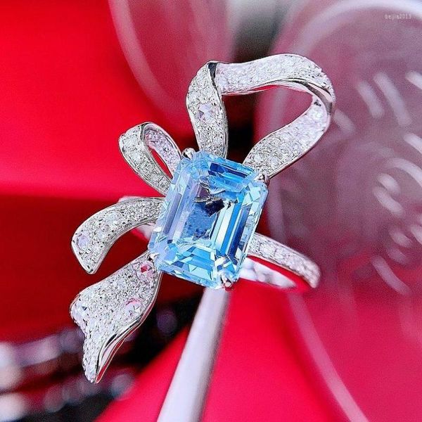 Küme Yüzük Hjy Aquamarine Halkası İnce Takı Saf 18K Altın Doğal 3.45ct Mavi Taşlar Kadınlar için Doğum Günü Hediyeleri