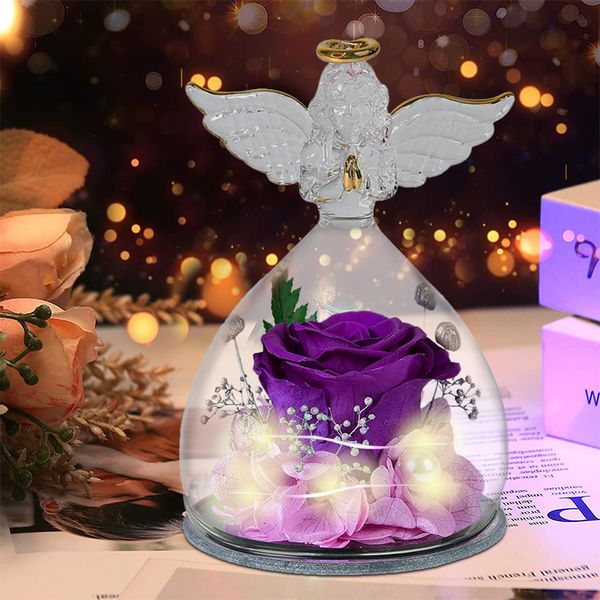 Couronnes de fleurs décoratives 1 ensemble de roses préservées petit ange en verre pour toujours fleur de rose éternelle noël anniversaire saint valentin cadeau de mariage femme fille 230227