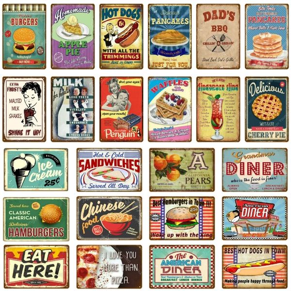 Diner Americano Poster Dipinto in Metallo Cibo Cinese Pancakes Hamburger Torte Targhe in Metallo Bar Cucina Negozio Decorazione Targa Vintage Decorazione da Parete 30x20cm Woo