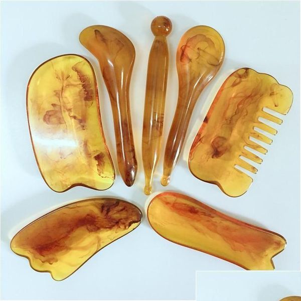 Massagesteine Felsen Mas Gua Sha Honigwachs Bernstein Meridian Gesundheit Akupunkturpunkt und Sehnenpling Schönheitstablette 7-teiliges Set Geschenkbrett Scr Dhzno