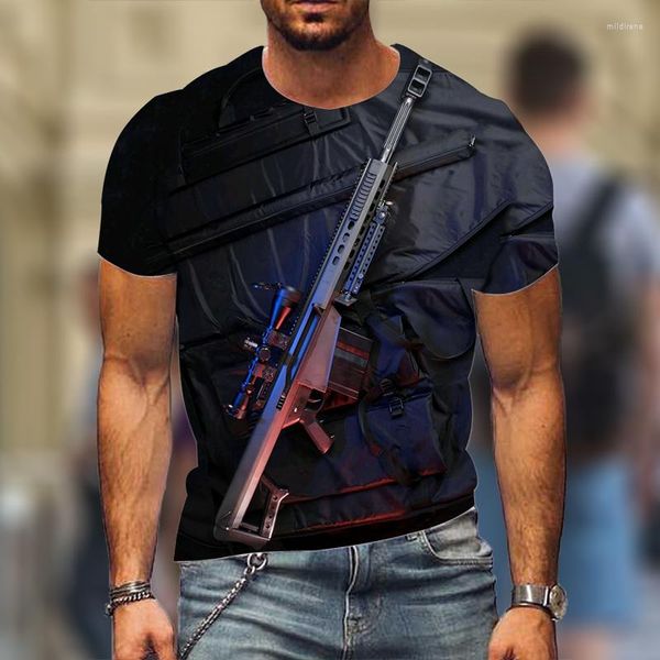 Camisetas masculinas de verão tema de guerra pistola de pistola de impressão 3D masculina tampa curta de manga curta masculina roupas casuais streetwear de moda