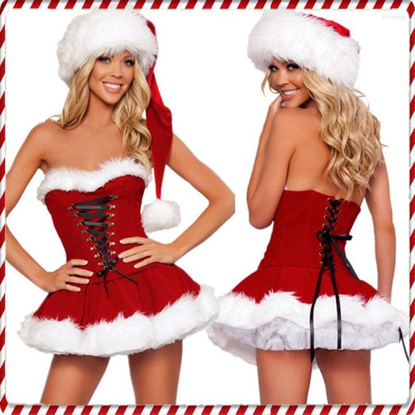 Abiti casual Donna Costumi natalizi Abito Festa di Natale Abito sexy in velluto rosso Cosplay Costume da Babbo Natale Outfit S-XL