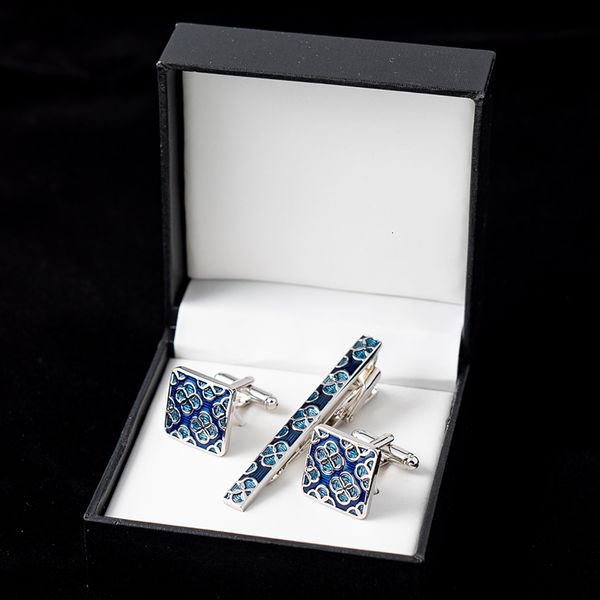 Cuff Links Links de camisa francesa masculinos e clipes de gravata com caixa Blue Clover padrão de esmalte pinos de casamento presentes de natal 230228