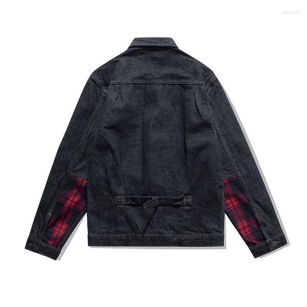 Herrenjacken Amekaji Vintage 15OZ Jeansjacke Männer Frühling Herbst Schweres Gewicht Primär Revers Colorblock Plaid Red Ear Cardigan Mantel