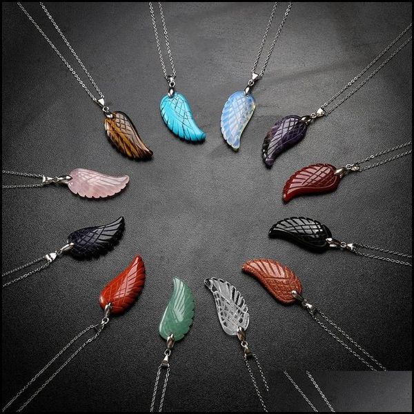 Подвесные ожерелья Aura Healing Crystal Quartz Gemstone Jewelry Wings Крылья резные каменное ожерелье Университет доставки подвески Dhyug