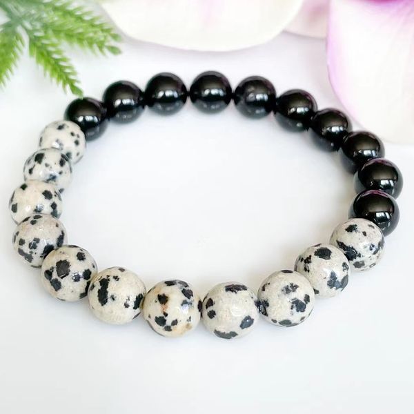 Fili MG1790 Bracciale con perline di diaspro dalmata con tormalina nera da 8 mm