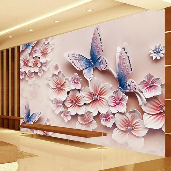 Duvar Kağıtları Özel 3D Duvar Kağıdı Modern Rölyef Kelebek Orkide Çiçekler Duvar Resmi Duvar Bezi Salon TV Çekim Arka Plan Boyama Dekoru