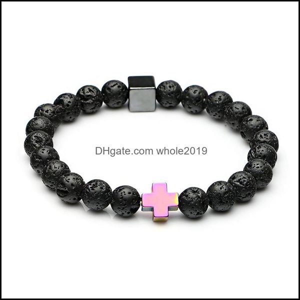 Perline 8Mm Black Lava Stone Cross Charms Buddha Yoga Bracciale Diffusore di olio Gioielli per Wome Men Gift Drop Delivery Bracciali Dhqi3