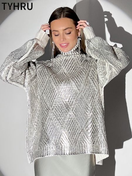 Blusas femininas Tyhur Silver Turtleneck Sweater Pullovers de manga longa Moda solta 230228