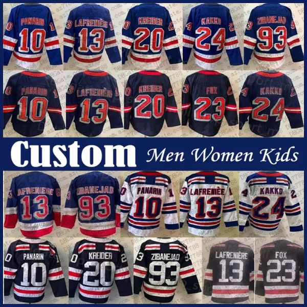 93 Mika Zibanejad Personalizado Homens Mulheres Crianças Hóquei Jersey 20 Chris Kreider Artemi Panarin Alexis Lafreniere Wayne Gretzky Kaapo Kakko Adam Fox Mark Messier Jacob Trouba