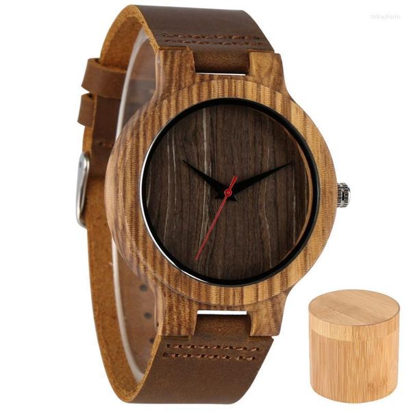 Armbanduhren Herren Holzuhr Echtes Lederband Quarz Armbanduhr Rote Sekundenanzeige Natürliches Holz Männliches Zeitmesser Geschenk mit Bambusbox