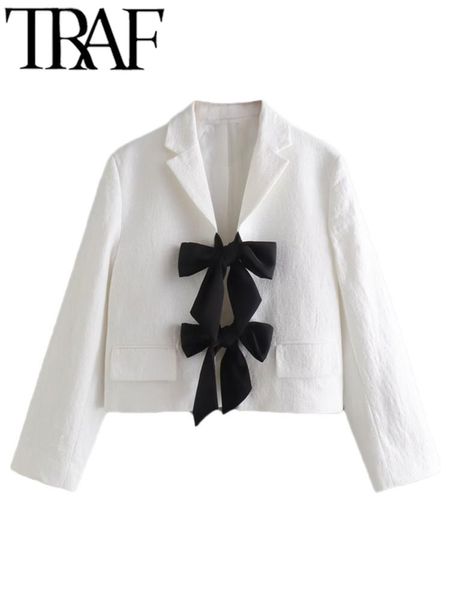 Abiti da donna Blazer Autunno Donna Crop Bianco Elegante con fiocco nero annodato sul polso anteriore Manica carina Giacca dolce Cappotto chic femminileDonna WWo