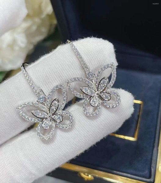 Brincos de garanhão Mulheres de luxo Crystal Butterfly Dangle 925 Insetos de prata esterlina Brincho de zircão completo Jóias de casamento