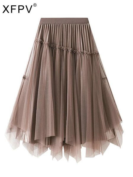 Платья Xfpv 2023 Новая осенне-летняя мода с бисером Дизайн Нерегулярная сетчатая юбка Женская повседневная юбка-миди с высокой талией Длинная Aline Faldas Sm1636