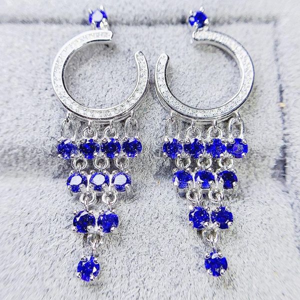 Orecchini pendenti Natural Real Blue Sapphire Luxury Big Drop Earring 0.15ct 22pcs Gemstone 925 Sterling Silver Fine Jewelry J23367