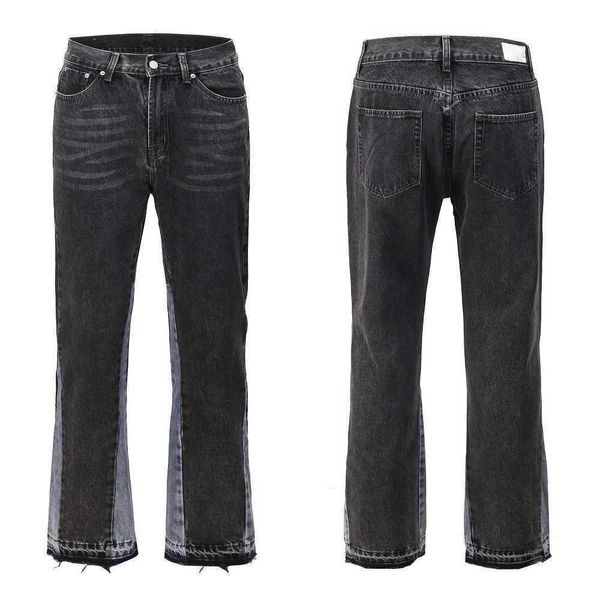 High Street Wind Wash, Jeans Flare emendado desconstruído, preto escuro masculino e feminino, calças largas com pingente{category}