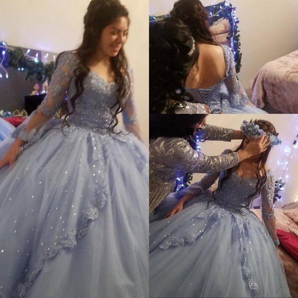 2023 Abiti Quinceanera azzurri Maniche lunghe Appliques in pizzo Bling Perline di cristallo Sweetheart Corsetto Indietro Plus Size Abiti da sera da ballo per feste formali