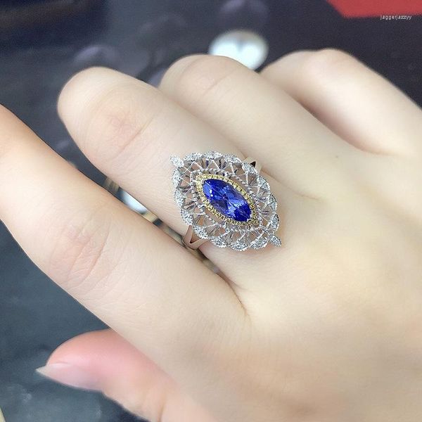 Cluster Rings Blue Zircon Charms 925 Silver Jewelry Fashion Women Crystal Chinese Gifts Vintage Amulets Natural Adjustable Ring