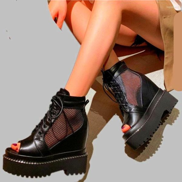 Sandálias femininas de couro genuíno plataforma cunha bico aberto verão botas de cano alto salto alto Oxfords Creepers 34 35 36 37 38 39