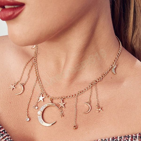 Moda basit yıldız ay cazibesi kolye narin klavikula zinciri elmas kolye kadın mücevher
