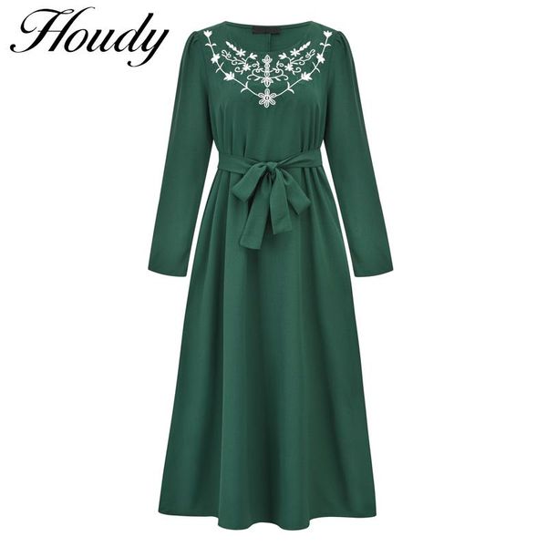 Vestidos 2022 primavera verão midi vestido feminino plus size padrão verde bordado plissado saia longa com cinto de madeira manga longa festivo robe