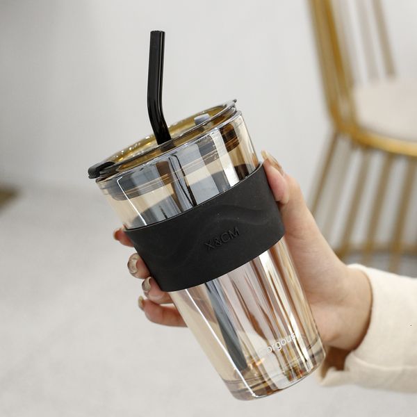 Bicchieri da 450 ml Tazza di vetro da caffè Tazza resistente al calore Bicchieri da vino Bottone d'acqua sigillato portatile con cannucce Regalo da viaggio per tè al latte 230531