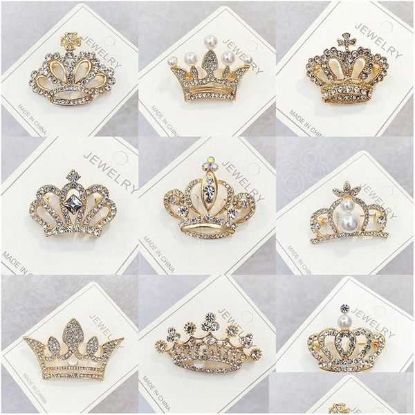 Pimler Broşlar Moda Rhinestone Crown Brooch Kraliyet Lüks Kristal Takım Kavur Pimi Kadınlar Erkek Rozet Aksesuar Takı Hediye Drop de Dhx7t
