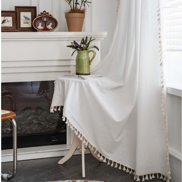 Cortina de linho com bolso de varão branco com borlas Voile cortinas semitransparentes proteção de privacidade para sala de estar quarto decoração TJ6477