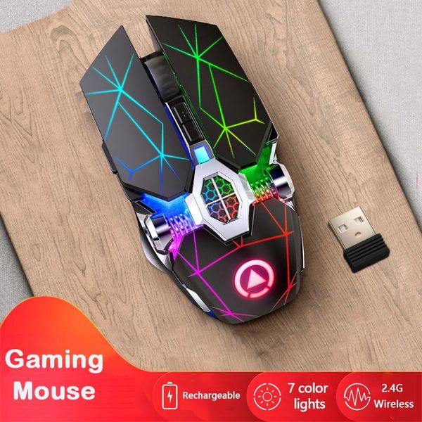 Mouse de computador 2.4g sem fio, mouse recarregável para jogos, mouse óptico ergonômico com luz colorida para laptop/pc