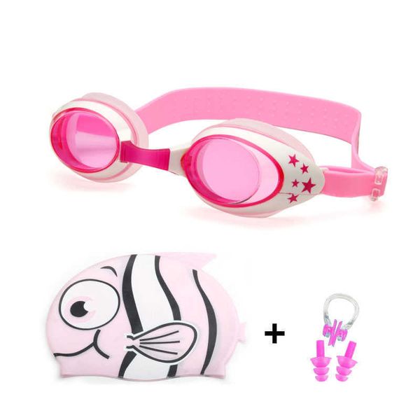 Badekappe, Anti-Beschlag-Brille, Ohrstöpsel, Nasenklammer-Set, professionelle Silikon-Hai-Pool-Schwimmbrille für Jungen und Mädchen, P230601