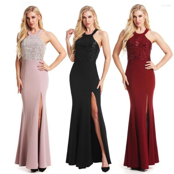 Casual Kleider Elegante Sexy Split Backless Abendessen Abend Party Kleid Pailletten Ärmel Off Schulter Neckholder Schlank Maxi Frauen Robe