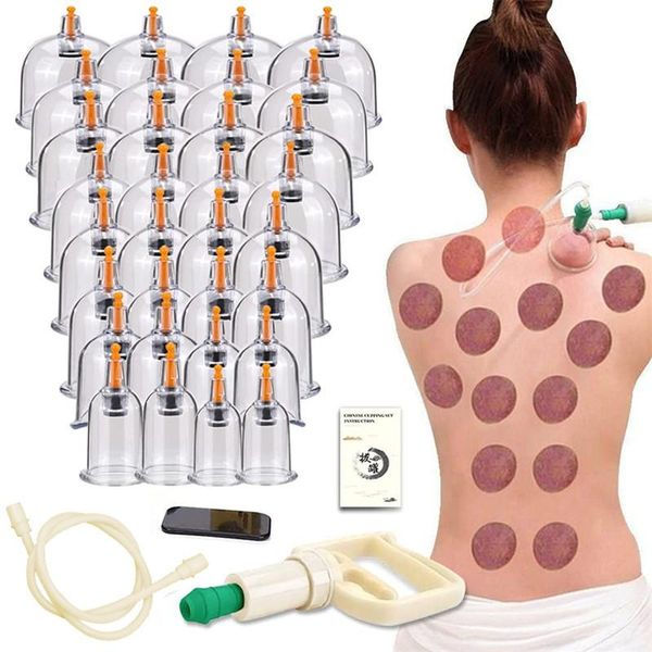 Massageador 32pcs Ventosa Conjunto de ventosas a vácuo Frascos de massagem Latas de vácuo Acupuntura Massagem a vácuo Terapia relaxante Alívio da dor Cuidados de saúde