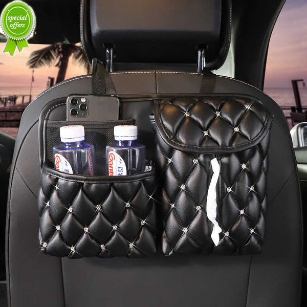New Diamond PU Leather Car Seat Back Storage Bag Organizer Multifunzione per interni auto Stivaggio Riordino Tasca porta carta velina