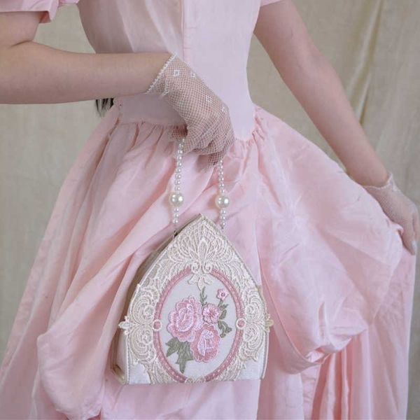 Totes Lolita Top Handle Bag для женщин Элегантная нежная вышивка помада кошелек дамы сказочная кружевная сумочка цветочная жемчуга 230530