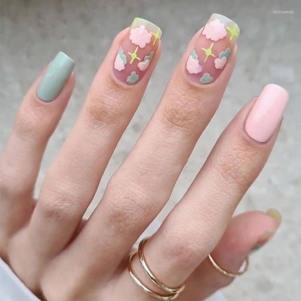 Unhas Postiças Nuvens Azuis Rosa Estrelas Utilizáveis Nail Art Bonito Cor Sólida Brilhante Falso Falso Destacável Acabado Pressionado