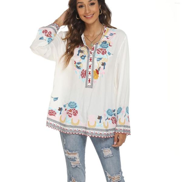 T-shirt da donna Camicetta da donna con ricamo Camicetta a maniche lunghe primaverili Camicia a tunica da donna in cotone casual bohemien Boho Top per donna